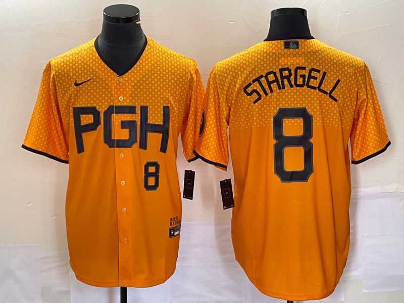 Mens Pittsburgh Pirates #8 Willie Stargell Number Gold 2023 City Connect Stitched Jersey 1